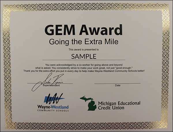 Sample GEM Award Certificate